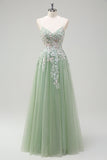 Glitter Sage Spaghetti Straps Applique Tulle Prom Dress