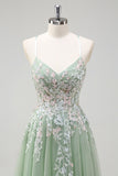 Glitter Sage Spaghetti Straps Applique Tulle Prom Dress