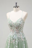 Glitter Sage Spaghetti Straps Applique Tulle Prom Dress