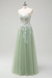 Glitter Sage Spaghetti Straps Applique Tulle Prom Dress