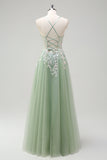 Glitter Sage Spaghetti Straps Applique Tulle Prom Dress