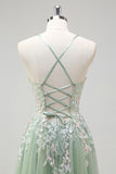 Glitter Sage Spaghetti Straps Applique Tulle Prom Dress