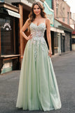 Sage Spaghetti Straps Corset Applique Tulle A Line Prom Dress