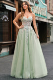 Sage Spaghetti Straps Corset Applique Tulle A Line Prom Dress