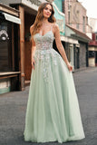 Sage Spaghetti Straps Corset Applique Tulle A Line Prom Dress