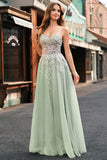 Sage Spaghetti Straps Corset Applique Tulle A Line Prom Dress