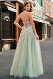 Sage Spaghetti Straps Corset Applique Tulle A Line Prom Dress