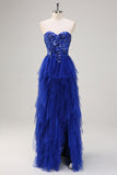 Royal Blue Strapless Sweetheart Ruffled Tulle Prom Dress with Sequins