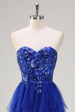 Royal Blue Strapless Sweetheart Ruffled Tulle Prom Dress with Sequins