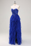 Royal Blue Strapless Sweetheart Ruffled Tulle Prom Dress with Sequins