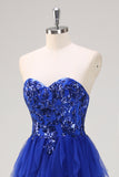 Royal Blue Strapless Sweetheart Ruffled Tulle Prom Dress with Sequins