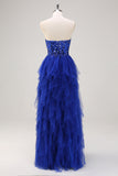 Royal Blue Strapless Sweetheart Ruffled Tulle Prom Dress with Sequins