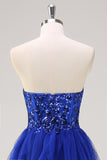 Royal Blue Strapless Sweetheart Ruffled Tulle Prom Dress with Sequins