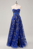 Royal Blue Strapless Sequined A-Line Prom Dress with Slit