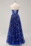 Royal Blue Strapless Sequined A-Line Prom Dress with Slit