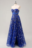 Royal Blue Strapless Sequined A-Line Prom Dress with Slit