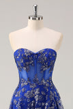 Royal Blue Strapless Sequined A-Line Prom Dress with Slit