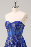 Royal Blue Strapless Sequined A-Line Prom Dress with Slit