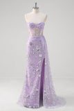 Light Purple Strapless Corset Sequined Mermaid Prom Dress with Slit