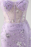 Light Purple Strapless Corset Sequined Mermaid Prom Dress with Slit