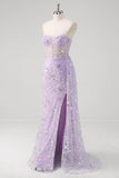 Light Purple Strapless Corset Sequined Mermaid Prom Dress with Slit