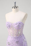 Light Purple Strapless Corset Sequined Mermaid Prom Dress with Slit