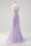 Light Purple Strapless Corset Sequined Mermaid Prom Dress with Slit