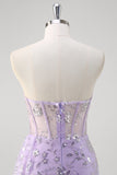 Light Purple Strapless Corset Sequined Mermaid Prom Dress with Slit