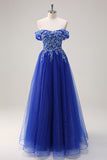 Glitter Royal Blue Off the Shoulder Applique Tulle A-Line Prom Dress