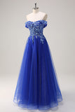 Glitter Royal Blue Off the Shoulder Applique Tulle A-Line Prom Dress