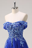 Glitter Royal Blue Off the Shoulder Applique Tulle A-Line Prom Dress