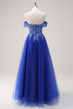 Glitter Royal Blue Off the Shoulder Applique Tulle A-Line Prom Dress