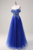 Royal Blue Tulle A-Line Off the Shoulder Sparkly Applique Long Prom Dress with Beading