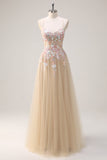 Champagne Applique Tulle A-Line Prom Dress with Sequins