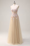 Champagne Applique Tulle A-Line Prom Dress with Sequins