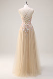 Champagne Applique Tulle A-Line Prom Dress with Sequins