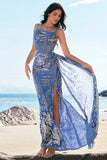 Blue Corset Burnout Velvet Mermaid Bridesmaid Dress with Slit