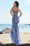 Blue Corset Burnout Velvet Mermaid Bridesmaid Dress with Slit