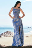 Blue Corset Burnout Velvet Mermaid Bridesmaid Dress with Slit