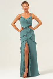 Eucalyptus Spaghetti Straps Ruffled Sheath Chiffon Bridesmaid Dress