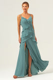 Eucalyptus Spaghetti Straps Ruffled Sheath Chiffon Bridesmaid Dress