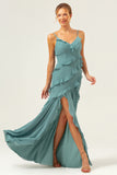 Eucalyptus Spaghetti Straps Ruffled Sheath Chiffon Bridesmaid Dress