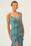 Eucalyptus Spaghetti Straps Ruffled Sheath Chiffon Bridesmaid Dress