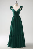 Dark Green A Line V-Neck Chiffon Bridesmaid Dress with Ruffles