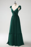 Dark Green A Line V-Neck Chiffon Bridesmaid Dress with Ruffles