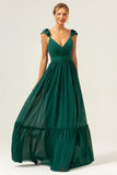 Dark Green A Line V-Neck Chiffon Bridesmaid Dress with Ruffles