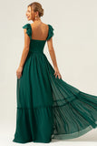 Dark Green A Line V-Neck Chiffon Bridesmaid Dress with Ruffles