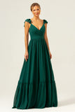 Dark Green A Line V-Neck Chiffon Bridesmaid Dress with Ruffles