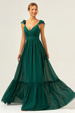 Dark Green A Line V-Neck Chiffon Bridesmaid Dress with Ruffles