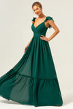 Dark Green A Line V-Neck Chiffon Bridesmaid Dress with Ruffles